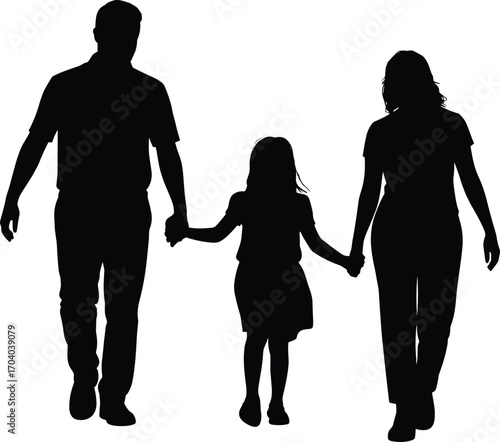 Silhouette illustration of family walking together holding hands, father mother child figures, parent and kid relationship, love, care, unity, togetherness vector design