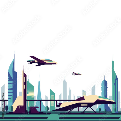 Stylized futuristic city skyline with sleek flying vehicles, modern architecture, and advanced transportation system.