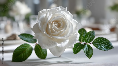 A pristine white rose set against a clean background, symbolizing purity and elegance in a beautiful wedding setup