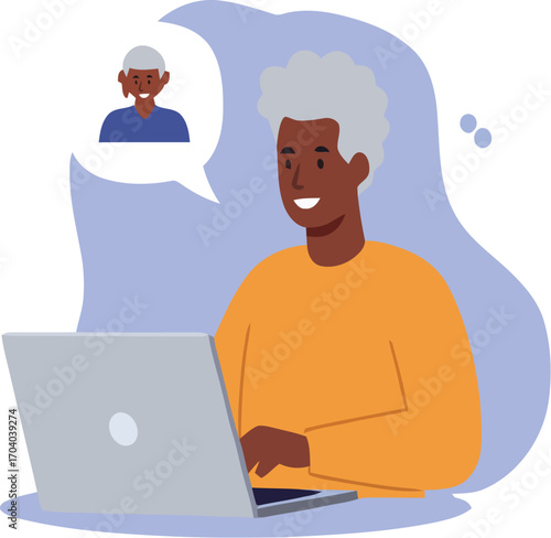 Man working on laptop computer illustration in office vector style