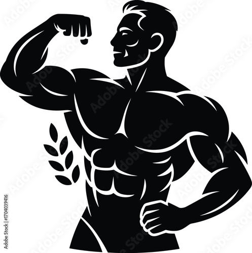 Silhouette illustration of muscular bodybuilder flexing biceps with strong chest and abs, fitness training vector artwork for gym, health, power, and bodybuilding design