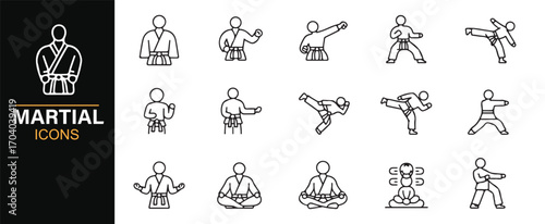 Vector martial arts icons – karate gi, fighters, sparring, training moves, meditation, and combat poses