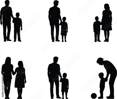 Silhouette illustration of parents with children, family walking together, mother father daughter son figures, parenting concept design, family lifestyle vector art