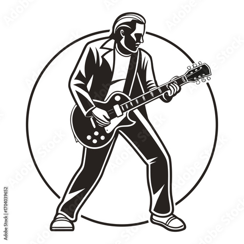 A musician stands enthusiastically playing an electric guitar, encased in a solid circular frame and transparent