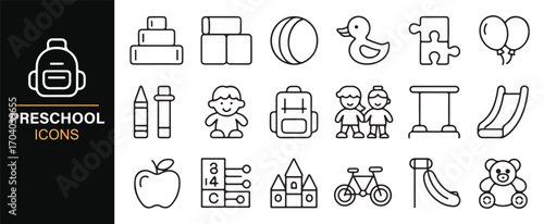Editable vector preschool icons – backpack, crayons, teddy bear, apple, abacus, and toy outline collection
