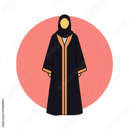 Stylized illustration of a faceless woman wearing a traditional black abaya and hijab with golden trim.