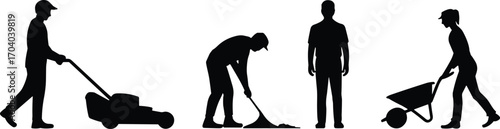 Silhouette illustration of workers performing gardening, landscaping, lawn mowing, shoveling, carrying wheelbarrow, outdoor maintenance, teamwork