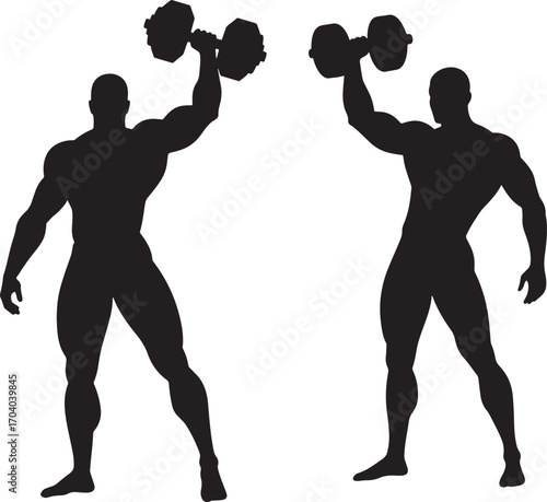 Two muscular bodybuilders lifting dumbbells silhouette