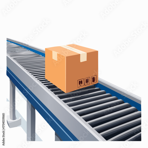 Cardboard Box on Conveyor Belt in Warehouse