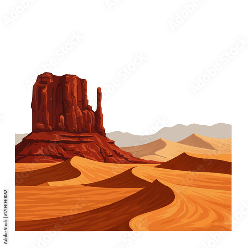 Stylized illustration of a majestic red rock butte in a vast desert with rolling sand dunes.