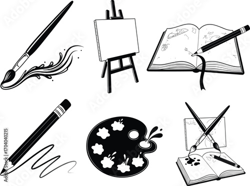 Art icon set, paintbrush, easel, sketchbook, pencil, palette, digital screen, vector drawing and creative expression concept design