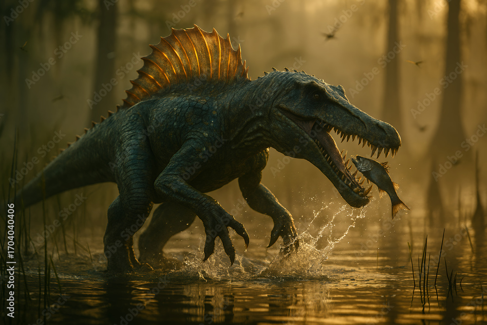 Fototapeta premium Spinosaurus in the swamp hunting for fish.