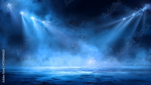 Blue stadium lights shining in fog with cinematic atmosphere  sports arena or stage background for event and performance design
