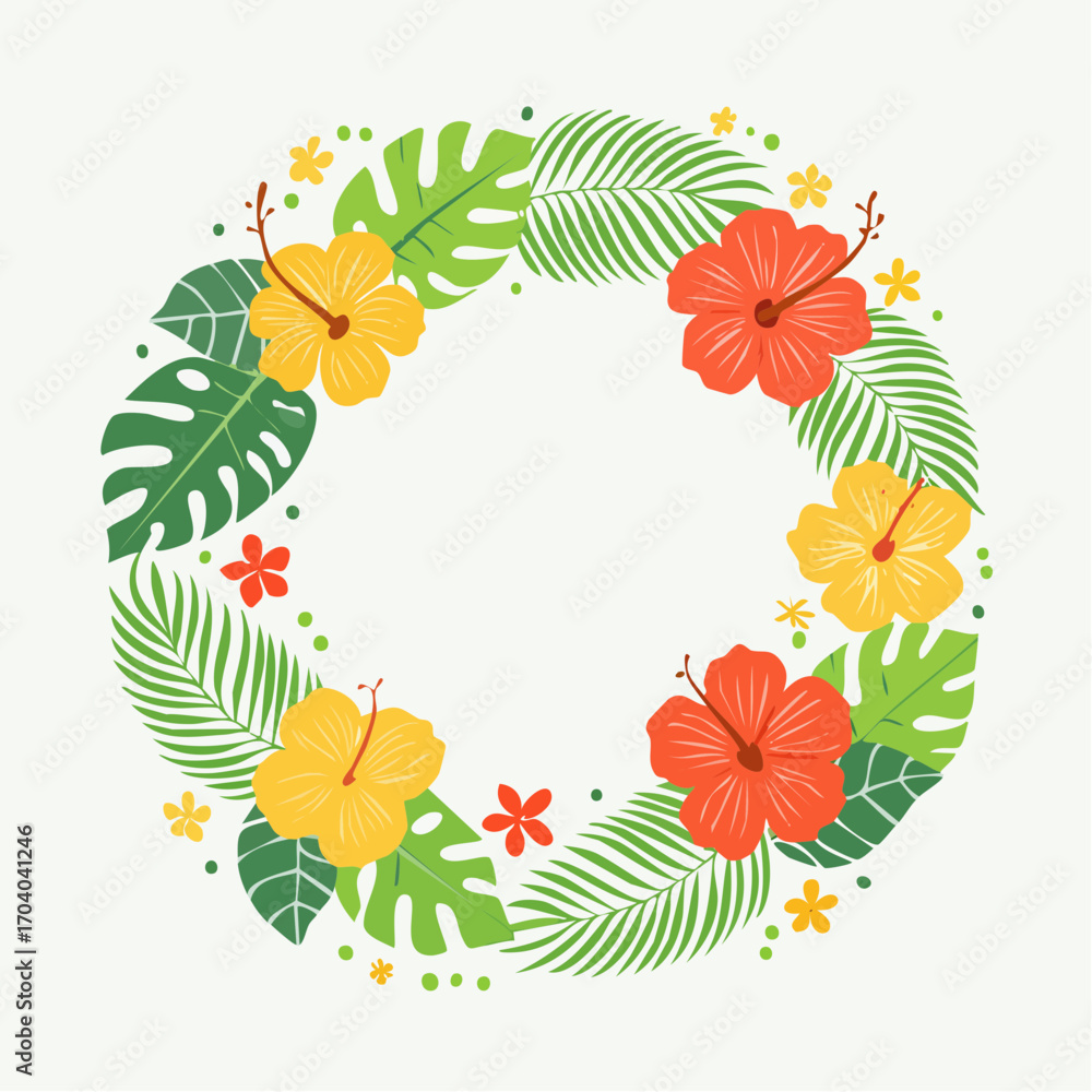 Fototapeta premium Tropical Flower Wreath With Hibiscus And Palm Leaves On White Background