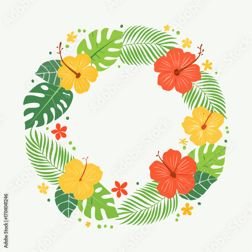 Tropical Flower Wreath With Hibiscus And Palm Leaves On White Background