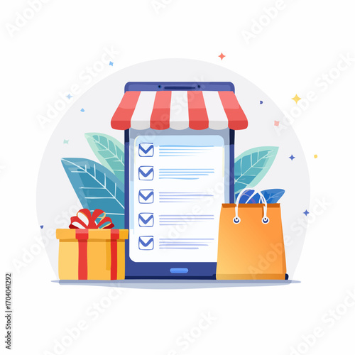 Mobile Shopping Checklist Online Store Gift Box And Paper Bag