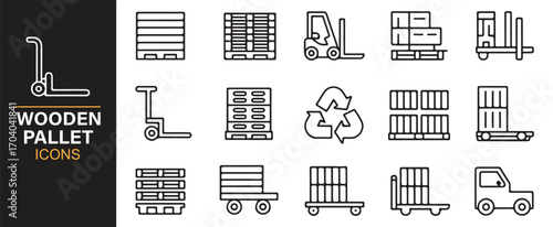 Editable wooden pallet design icons – transport, delivery, warehouse, and packaging equipment pack
