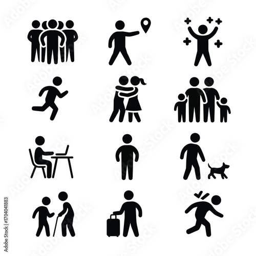Family silhouette icons set with people stick figure vector illustration