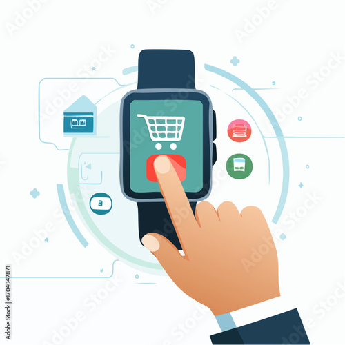 Finger Touching Smartwatch Shopping Cart Icon