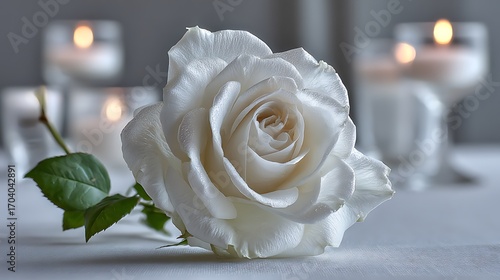 A pristine white rose set against a clean background, symbolizing purity and elegance in a beautiful wedding setup