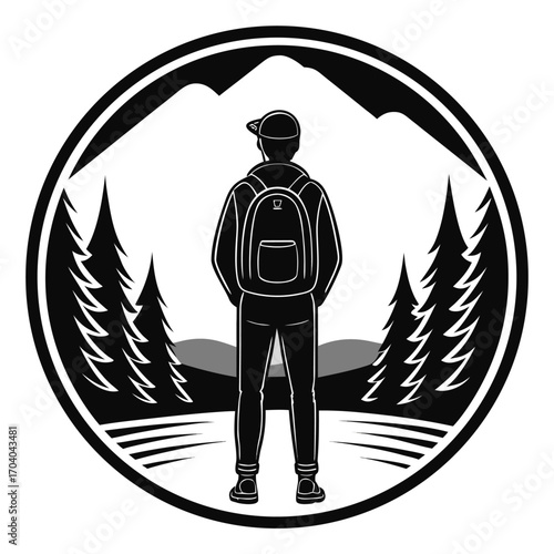 Adventurer in Nature's Embrace A Scenic Black and White Illustration of Hiking and Exploration