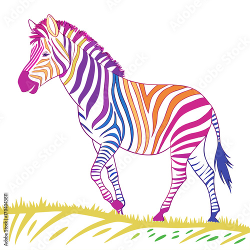 Zebra with rainbow stripes walking on grass