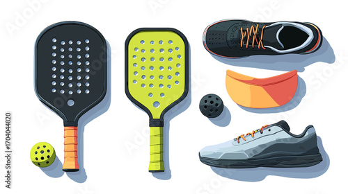 Pickleball equipment with paddles, balls, and shoes on