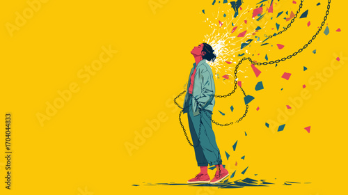 Woman breaking free from chains on yellow isolated background