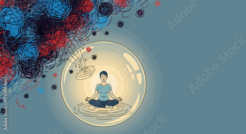 Person meditating peacefully inside protective bubble from chaotic thoughts