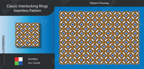 Art of classic interlocking rings seamless pattern with blue, white, and gold colors, creating a visually appealing and versatile design for various creative projects