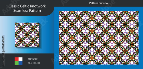 Art of classic celtic knotwork seamless pattern design featuring intricate interwoven lines in black, white, green and purple on a, creating a timeless and elegant design