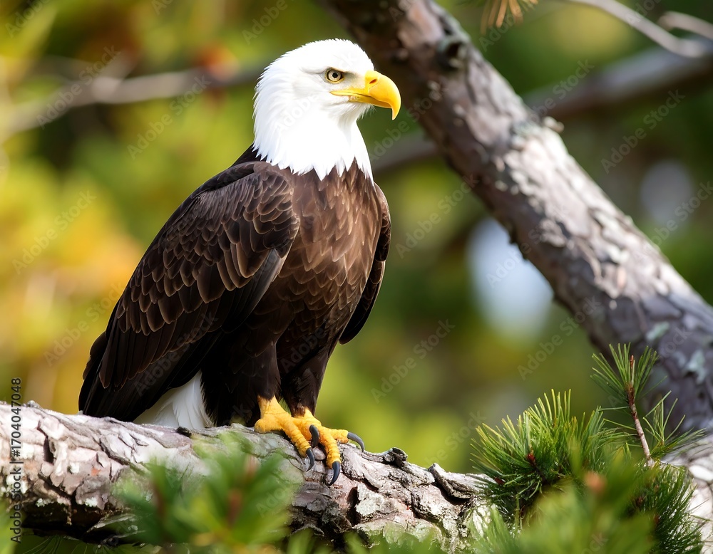 Obraz premium Bald eagle perched on branch, focused gaze