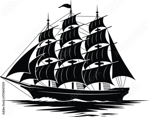Vintage sailing ship silhouette vector illustration, old nautical vessel with sails, maritime transport design, sea adventure artwork, classic tall ship decoration, retro style