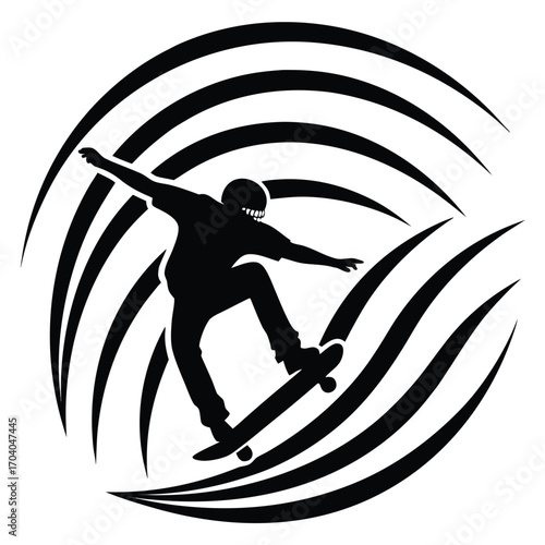 Dynamic black and white silhouette illustration of a skateboarder mid-trick, capturing the essence of action sports and extreme athleticism with expressive flowing lines