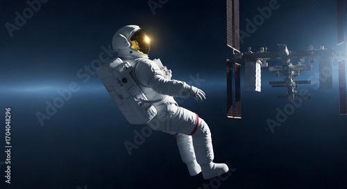 Fototapeta Naklejka Na Ścianę i Meble -  Astronaut floats near space station, vast stars and nebula background