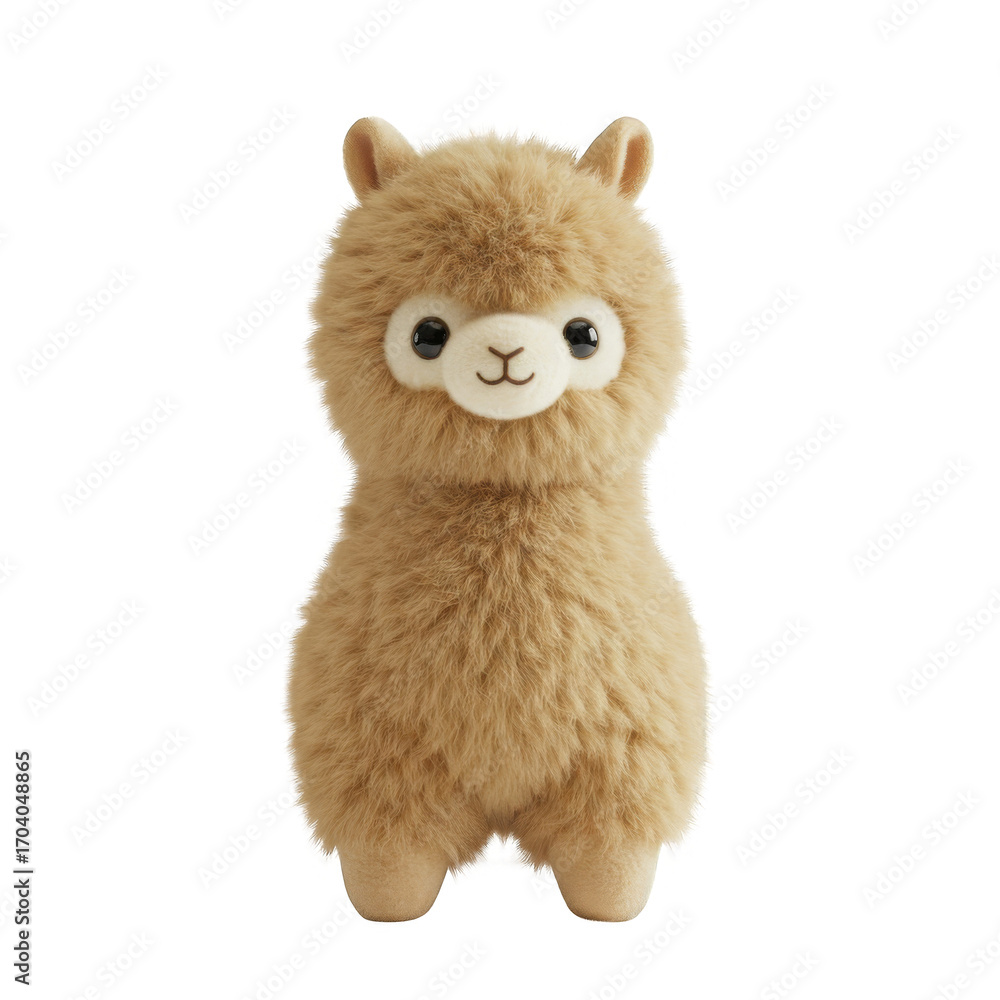 Fototapeta premium Fluffy Brown Alpaca Plush Toy with Button Eyes Standing on Transparent Background