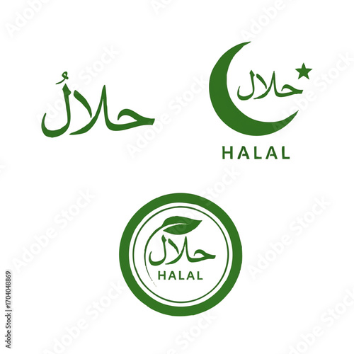 Green Halal logo collection featuring Arabic script, a crescent moon, and a circular leaf emblem.