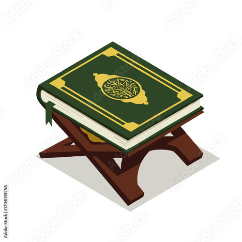 Green Quran on Wooden Book Stand, Islamic Holy Book with Gold Arabic Calligraphy