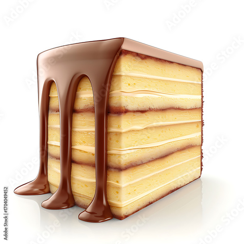 A slice of layered cake with chocolate ganache drizzling down the sides