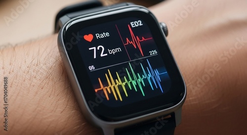 A modern smartwatch on a person's wrist displaying a heart rate of 72 bpm and an electrocardiogram waveform.