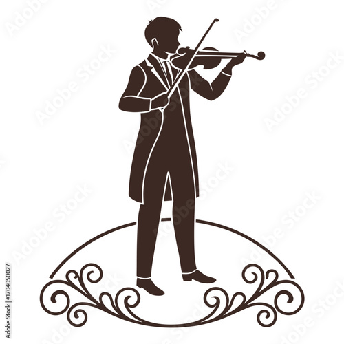 Silhouette of a dapper violinist performing a classical piece, gracefully poised above an elegant ornamental scroll, symbolizing artistic expression