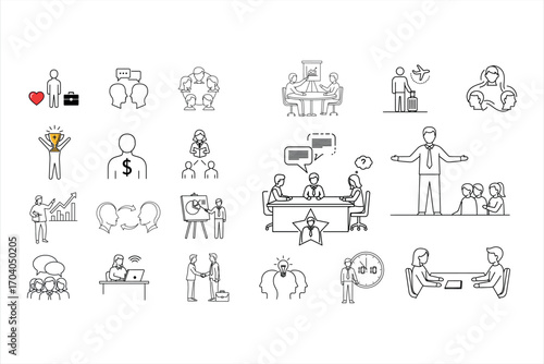 Collection of business and teamwork line art icons on white background vector