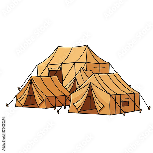 Hand-drawn illustration of a beige canvas tent camp with various sizes.