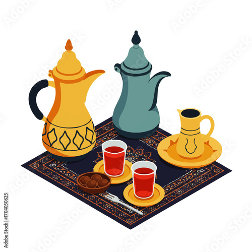 Traditional Arabic coffee and tea set with ornate dallah pots, dates, and glasses on a decorative rug.