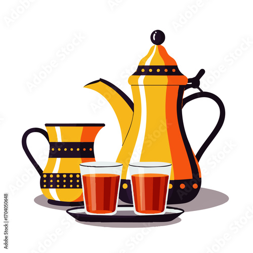 Traditional Arabic Tea Set with Gold-Colored Kettle, Pitcher, and Glasses