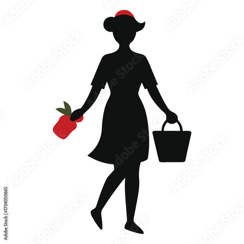 Elegant silhouette vector of a woman gathering fresh fruit, holding a basket and a jar, symbolizing a healthy, organic lifestyle