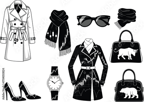 Fashion accessory icon set, trench coat, scarf, sunglasses, handbag, bull bear symbols, heels, watch, vector style and finance concept