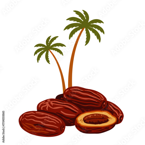 Hand-drawn illustration of a pile of brown dates, one sliced open, with two green date palm trees.