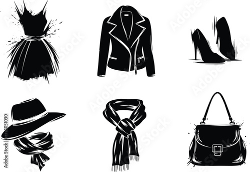 Fashion icon set, dress, leather jacket, high heels, hat, scarf, handbag, vector stylish clothing and accessory concept design