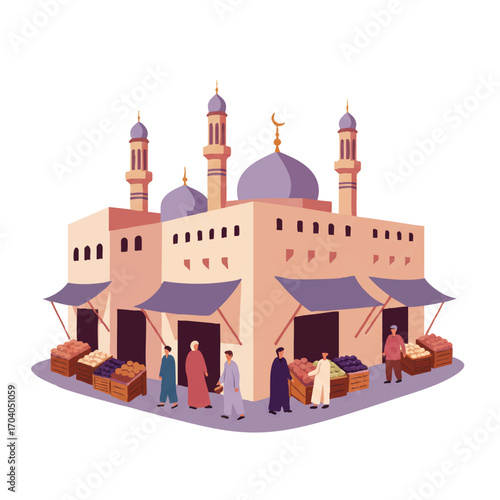 Traditional Middle Eastern bazaar scene with a mosque, minarets, domes, and people shopping for produce.